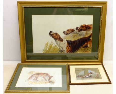 Vixen and Cubs, late 20th century watercolour and gouache signed with initials RF and dated '91, 'A Burning Scent', lithograp
