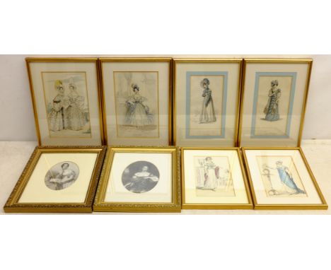 Six early 19th century fashion engravings, a pair of female portrait engravings and a pair of prints of young girls, max 39cm
