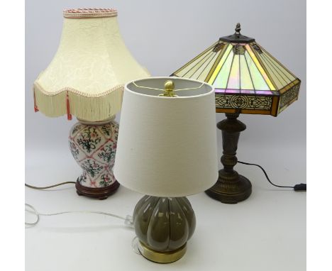 Tiffany style table lamp with lustre shade on bronzed base, H59cm Chinese porcelain baluster table lamp and Celadon style flu