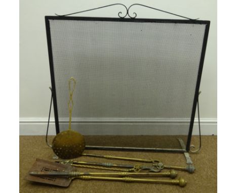 Wrought iron mesh fire screen, W76cm x H80cm, Victorian brass fire irons, skimmer and other brassware 