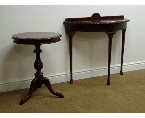Reproduction mahogany D shaped side table on turned supports, W90cm, H84cm, D39cm, and a similar tripod table, D50cm, H65cm (
