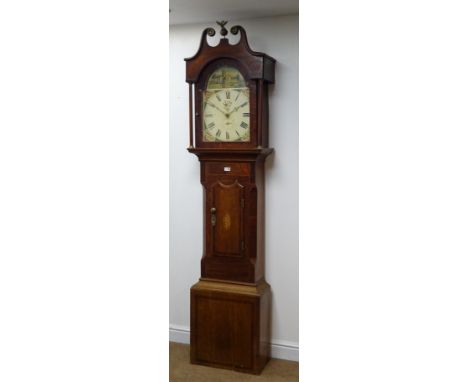 19th century inlaid oak longcase clock, broken arch pediment, painted dial, Roman numeral and subsidiary calendar dial, thirt