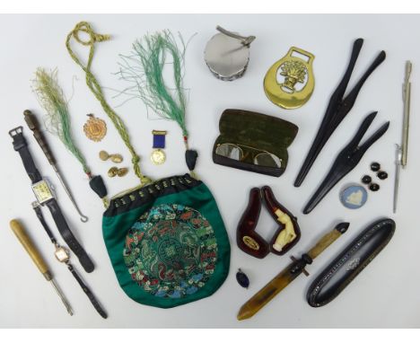 Victorian papier mache spectacle case, two Victorian ebony glove stretchers, Meerschaum pipe, pair pince nez, Edwardian doe f