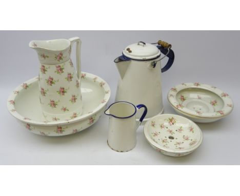 Booths five piece toilet set decorated with roses, vintage blue and white enamel jug with cover and swing handle and matching