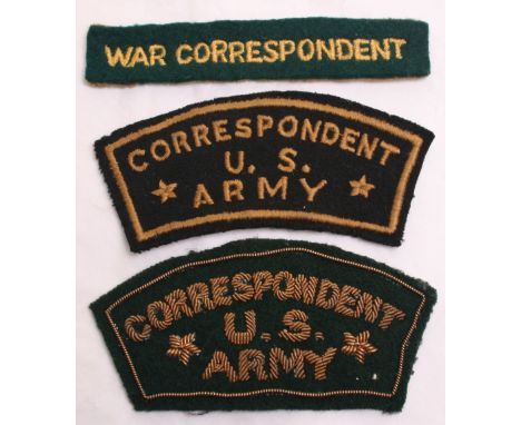 WW2 US Army War Correspondent Shoulder Title, in bullion wire on green backing cloth. Title shows evidence of being removed f