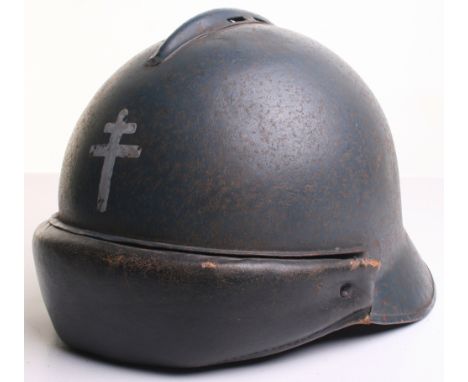 WW2 Free French Tankers Helmet, retaining much of the original horizon blue paint finish to the exterior and interior. Large 