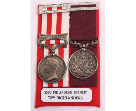 Indian Mutiny and Long Service Medal Pair Awarded to 3550 Private Andrew Burnett 72nd Highlanders, Indian Mutiny medal with c