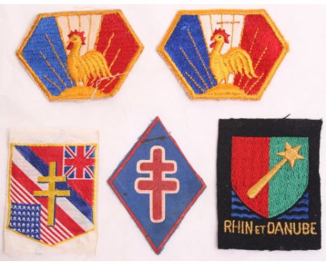 WW2 Free French Cloth Insignia consisting of embroidered 1st Army formation sign, painted Free French Forces formation sign, 