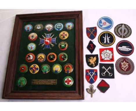 Frame of Enamel Regimental Badges, all being circular enamel badges of various regiments. Engraved brass plaque to the lower 