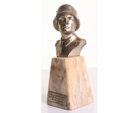 Pre War German Army Presentation Statue, showing a white metal helmeted German soldier, referred to as the Hero pattern, moun