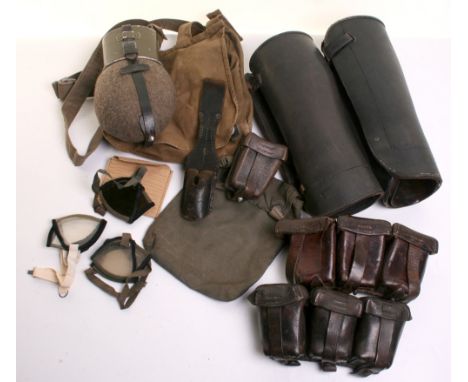 Selection of German Field Equipment consisting of German army issue bread bag with strap, felt covered water bottle with gree