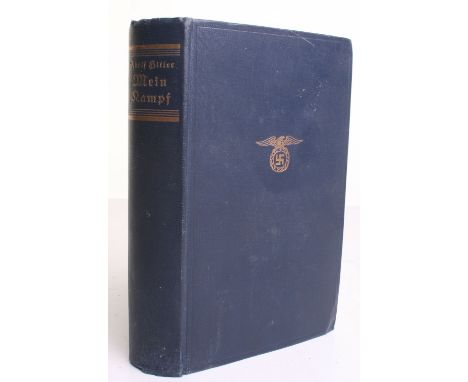 Adolf Hitler Mein Kamp 1941, being a hard back edition of the publication. Gilt leaf NSDAP style eagle to the front and Adolf