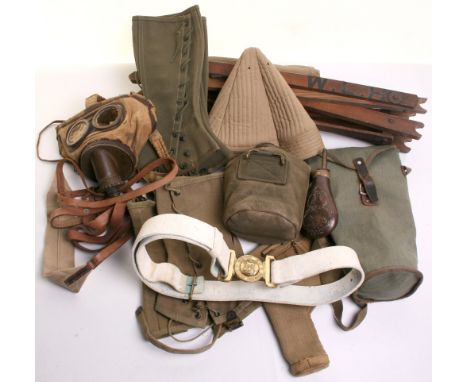Selection of Military Equipment consisting of British officers folding chair, Italian T35 Gas Mask complete with the filter a