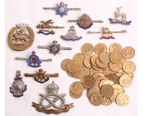 Selection of Sweetheart Brooches, mostly being tie pin type examples for various regiments in various metals, mostly with ena