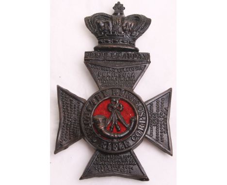 Victorian The Kings Royal Rifle Corps Foreign Service Helmet Plate, being an other ranks example of the blackened Victorian c