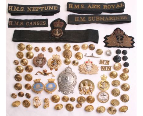 Selection of Royal Navy Badges and Insignia, consisting of Kings crown bullion officers cap badge, all metal EIIR cap badge, 