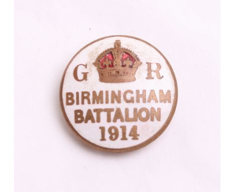1914 Kitchener’s Army Birmingham Battalion Lapel Badge, white enamel circular badge with Crowned GR and BIRMINGHAM BATTALION 