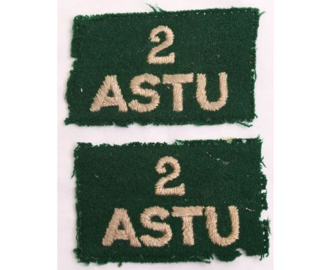 Pair of 2 Army Selection Training Unit Cloth Formation Signs, green rectangles with white embroidered 2 ASTU to the centre. S