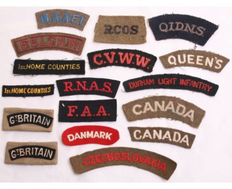 Selection of Cloth Shoulder Titles, of various regiments and nationality titles including embroidered red on green Durham Lig