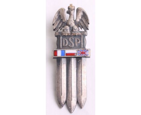 Polish 2nd Rifle Division in France Breast Badge, Polish eagle above DSP and enamel flags of France, Poland and Union Jack. S