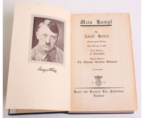 Adolf Hitler Mein Kampf 1939 English Translation, blue covered with NSDAP eagle and swastika in gilt leaf to the front and th
