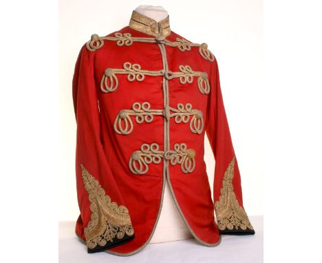 Hussars Officers Dress Tunic, of red scarlet cloth with heavy bullion Austrian knot pattern frogging to the front of the tuni