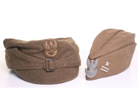 Polish Other Ranks Field Cap (Rogatywka) of khaki cloth with detailed embroidered cloth cap insignia to the front. Plain khak