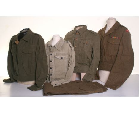 Selection of British Battle Dress Uniform consisting of 2x Denim battle dress blouse, one with black Rifle Brigade buttons. W