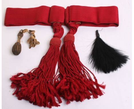 British Officers Dress Waist Sash of crimson cloth with gilt metal buckle clips. Both cord tassels remain. Good condition wit