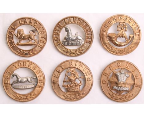 Six Other Ranks Helmet Plate Centres, consisting of Cheshire Regiment, West Yorkshire Regiment, Royal Lancaster Regiment, Duk