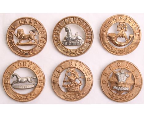 Six Other Ranks Helmet Plate Centres, consisting of Cheshire Regiment, West Yorkshire Regiment, Royal Lancaster Regiment, Duk