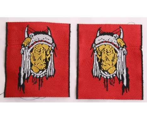 Pair British Army Training Team Canada Formation Signs, woven facing pair showing native American. Very good condition. (2 it