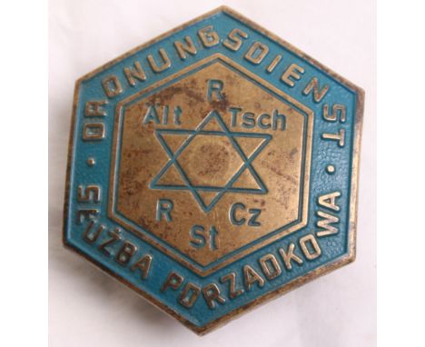 Extremely Rare WW2 Jewish Warsaw Ghetto Police Headdress Badge, hexagonal brass badge with blue painted border. Within the bo