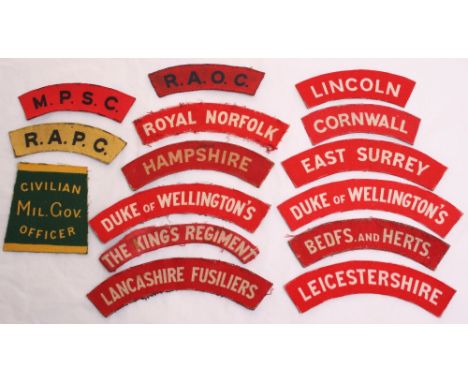 Selection of WW2 Printed Shoulder Titles consisting of 2x Duke of Wellingtons, East Surrey, Hampshire, The Kings Regiment, Li