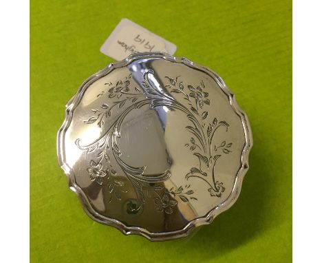 SILVER DRESSING TABLE TRINKET BOX WITH SERPENTINE ENGRAVED HINGED  LID RAISED ON FOUR SCROLL FEEL, BIRMINGHAM 1919