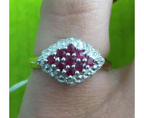 9CT YELLOW GOLD RUBY AND DIAMOND CHIP MARQUISE DRESS RING, SIZE J/K, 2.6G APPROX