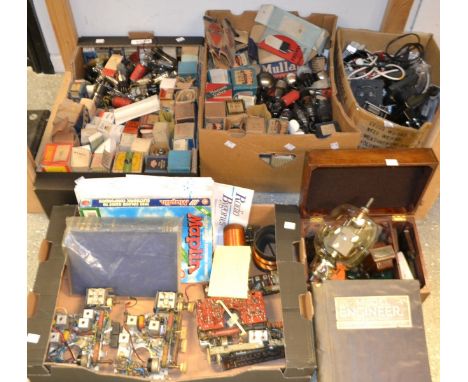 Vintage Radios - Valves, Marconi, Mazda, Ediswan, Brimar etc, boxed and loose, circuit boards, ammeters, books etc (4 boxes)