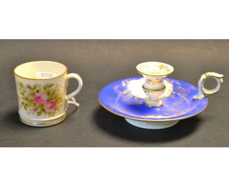 A 19th century Coalport style chamber stick; a Worcester miniature mug (2)
