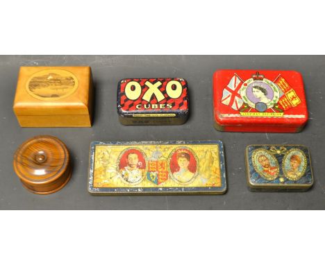 Coronation tins; a Mauchline box; turned wood snuff box