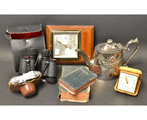 A Bencini Comet S 35mm camera; a mahogany mounted wall barometer; an EPNS teapot; a travel clock; binoculars; etc