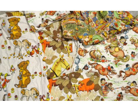 Textiles - Vintage children's nursery fabrics, Alice in Wonderland, farmyard animals, Norman Thelwell patterned curtains.