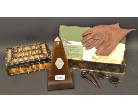 Boxes and Objects - A Paquet metronome; a porcupine quill box; a glove box containing a pair of leather gloves; etc (3)  