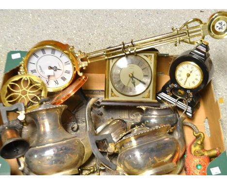 Boxes and Objects - A Metamec mantle clock;another; a four piece plated tea service on a tray; etc 