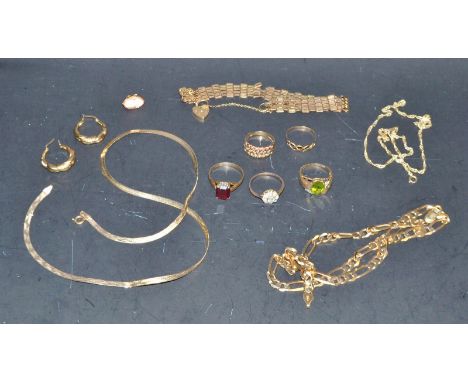 A 9ct gold curblink necklace;  a gate bracelet , stone set dress rings etc 45.4g gross