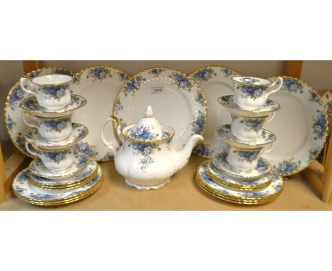 A Royal Albert Moonlight rose dinner and tea service for six comprising dinner plates, salad plates, side plates, tea pot, cu