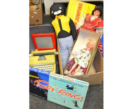 Toys and Juvenalia - An Etch-a-Sketch; a Rosebud doll with outfits; a golly rag doll; a show jumping board game; a Petite typ