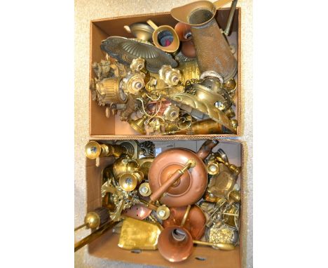 Metal ware - A plated seven branch epergne; a copper kettle; a pair of brass candlesticks; an ornate continental style mantel