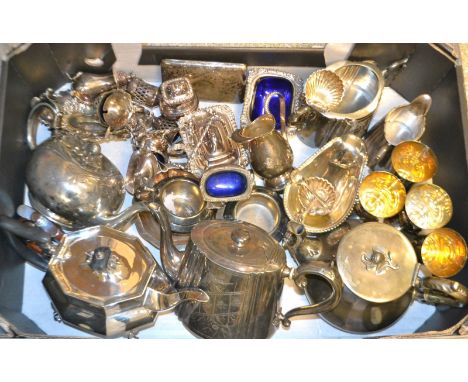 Plated ware - A three part tea service; others; a Maplin and Webb cruet set; mustard pots; goblets; hip flasks; etc