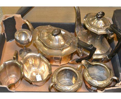 Silver Plate - a four piece shaped tea service; a milk jug and sugar bowl; etc.