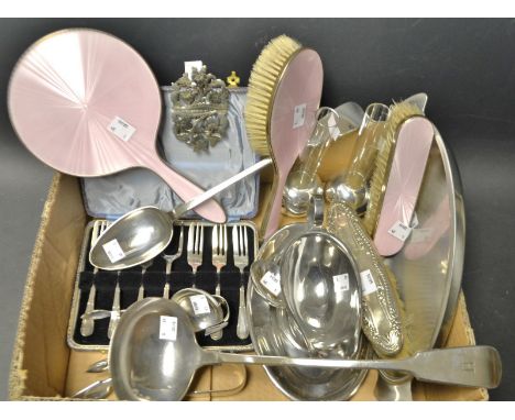 A silver and engine turned enamel dressing table set; a large EPNS ladle, similar serving spoon, sugar bows, pair of smaller 